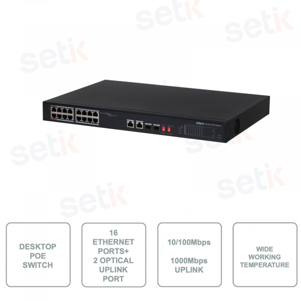 DAHUA - PFS3218-16ET-135 - Desktop PoE Switch - 16-Port - 16 Ports 10/100M + 2 Uplink Ports + 2 Optical Uplink SFP Ports