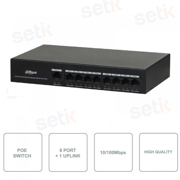 PFS3009-8ET-65 - PoE Switch DAHUA - 8 Port - 1 Porta Uplink - Level 3 Thunderproof - Non gestionabile