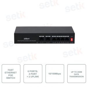 PFS3006-4ET-36 - DAHUA - 6 Port Fast Ethernet Switch - 4 PoE Ports + 2 Uplink Ports - 10 / 100Mbps