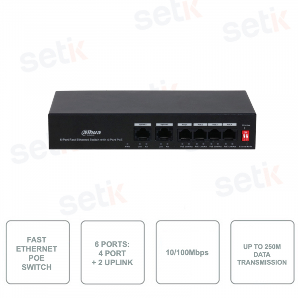 PFS3006-4ET-36 - DAHUA - Switch Fast Ethernet 6 Ports - 4 Ports PoE + 2 Ports Uplink - 10 / 100Mbps