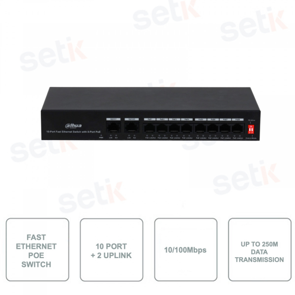 PFS3010-8ET-65 - DAHUA - Switch Fast Ethernet - PoE - 10 puertos (8 de los cuales PoE) - 10/100Mbps