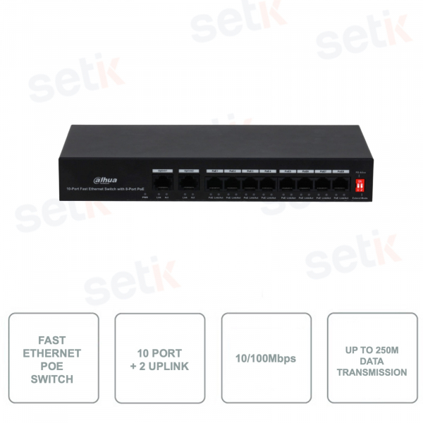 PFS3010-8ET-65 - DAHUA - Switch Fast Ethernet - PoE - 10 Puertos (de los cuales 8 PoE) - 10/100Mbps