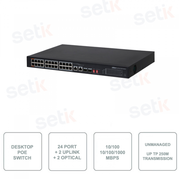 DAHUA - Desktop PoE Switch - 24 Porte Ethernet - 2 Porte Uplink - 2 Porte Optical -10/100Mbps - 1000Mbps Uplink