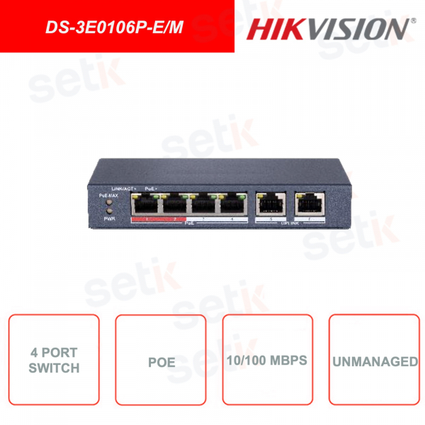 DS-3E0106P-E/M - HIKVISION - Switch non gestionabile - 4 Porte PoE - 2 Porte RJ45 - Trasmissione fino a 300m