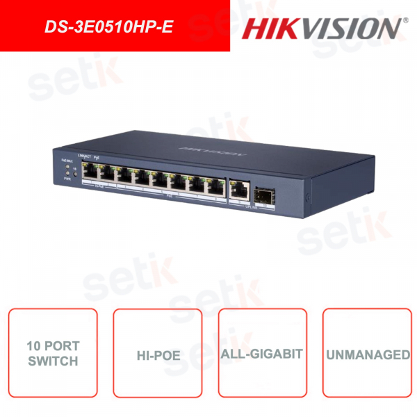 DS-3E0510HP-E - HIKVISION - Switch di rete - 10 Porte Gigabit - Layer 2 - 2 Porte Hi-PoE - In metallo