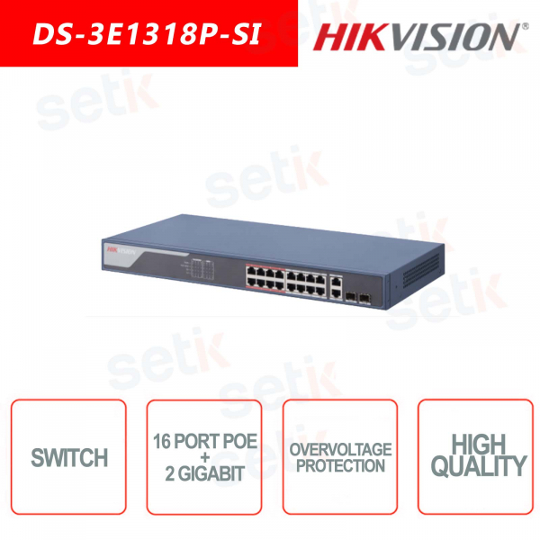 Conmutador Hikvision Fast Ethernet de 16 puertos PoE + 2 Gigabit