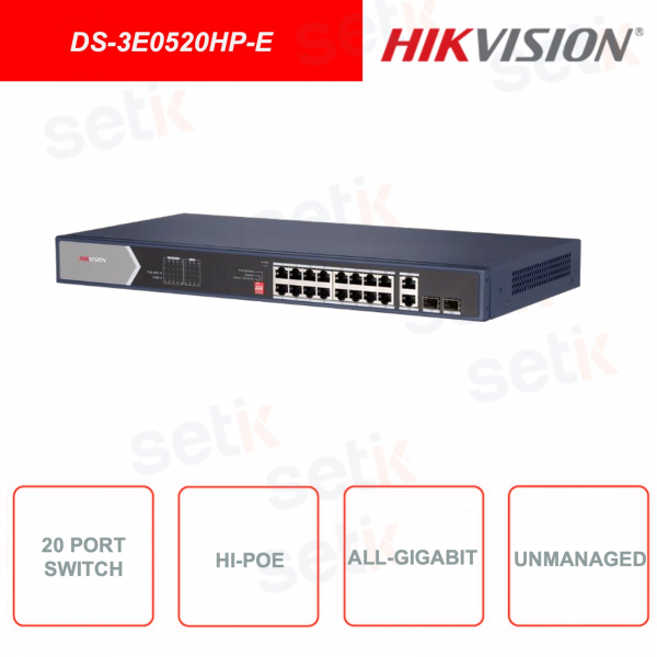 DS-3E0520HP-E - HIKVISION - Switch di rete non gestionabile - 20 Porte Gigabit - Protezione antifulmine