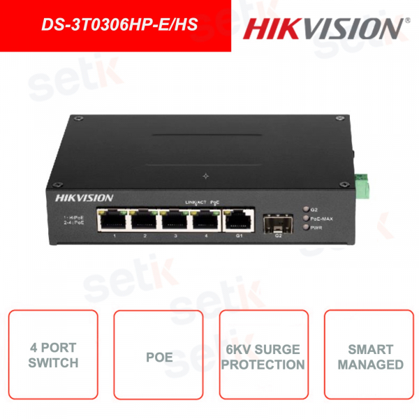 DS-3T0306HP-E/HS - HIKVISION - Switch di rete PoE non gestionabile - 4 Porte - 1 Porta Hi-PoE - Design senza ventola