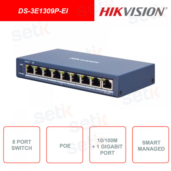 DS-3E1309P-EI - HIKVISION - Conmutador de red administrado - 8 puertos PoE 10 / 100M - 1 puerto RJ45 10 / 100M