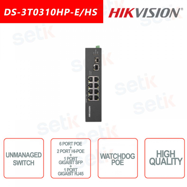 Commutateur Hikvision 6 PoE + 2 Hi-PoE + 1 Gigabit SFP + 1 Gigabit RJ45