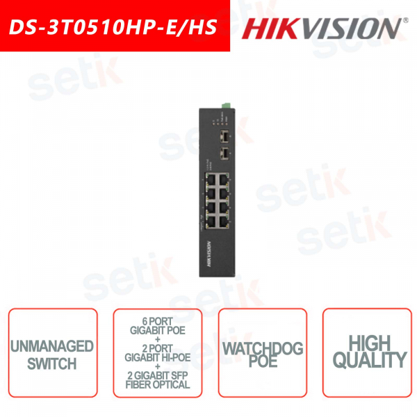 Commutateur non gérable Hikvision 6 PoE + 2 Hi-PoE + 2 Gigabit SFP