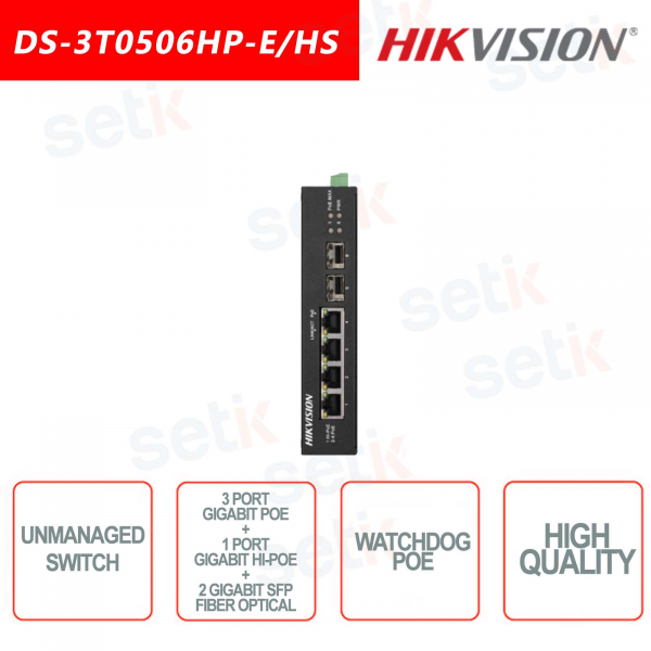Commutateur non gérable Hikvision 3 PoE + 1 Hi-PoE + 2 Gigabit SFP