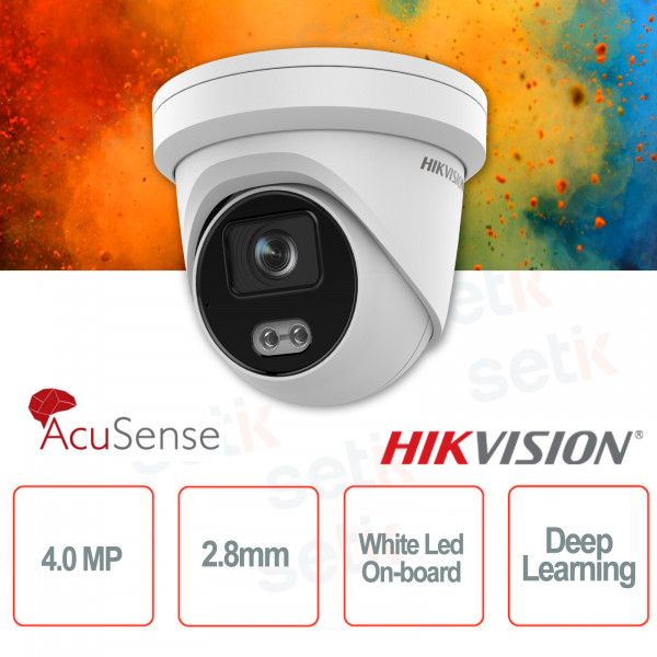 Torreta de cámara IP PoE para exteriores 4MP 2.8mm ColorVu Hikvision AcuSense White Led Deep Learning