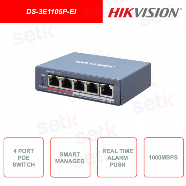 DS-3E1105P-EI - HIKVISION - Commutateur réseau - 4 ports PoE - 1 port RJ45 - Protection contre la foudre 6KV