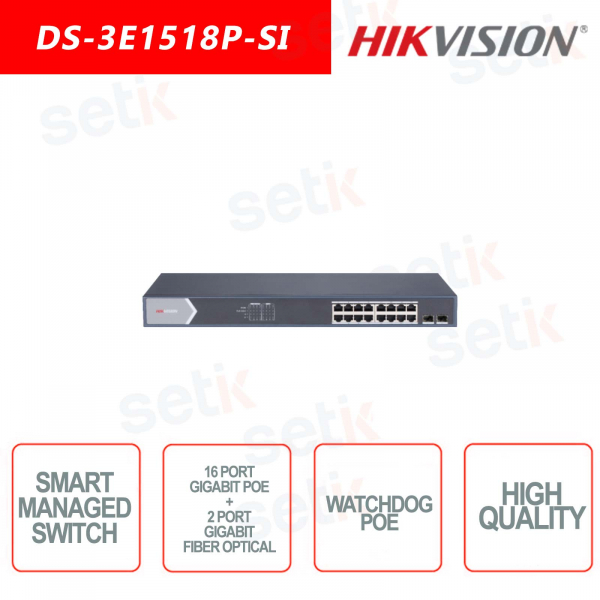 Switch Intelligente Hikvision 16 porte Gigabit PoE+2 Gigabit