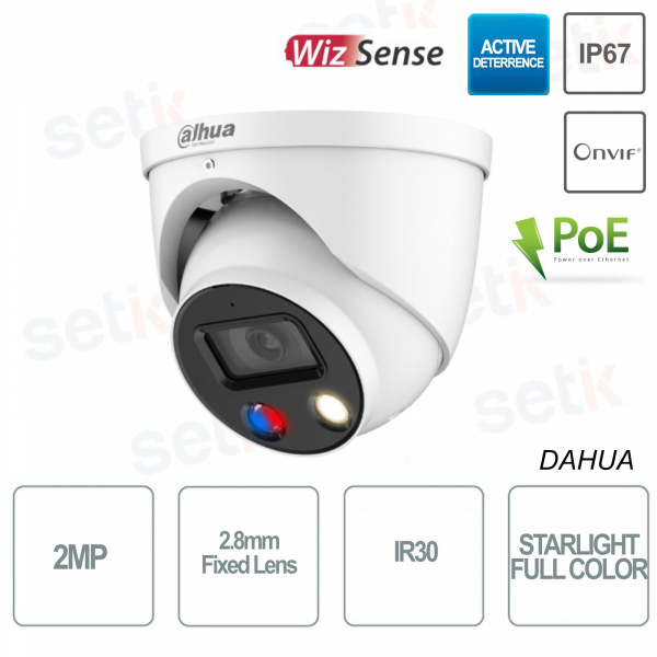 Caméra dôme IP IR30 Onvif PoE 2MP Starlight 2.8mm dissuasion active Dahua