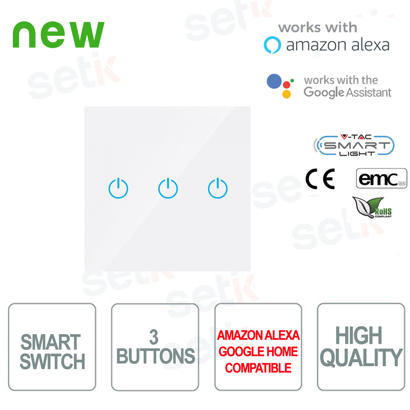 8419 - V-TAC Smart Wireless Interruttore 3 TASTI  Alexa Google Home  Bianco 