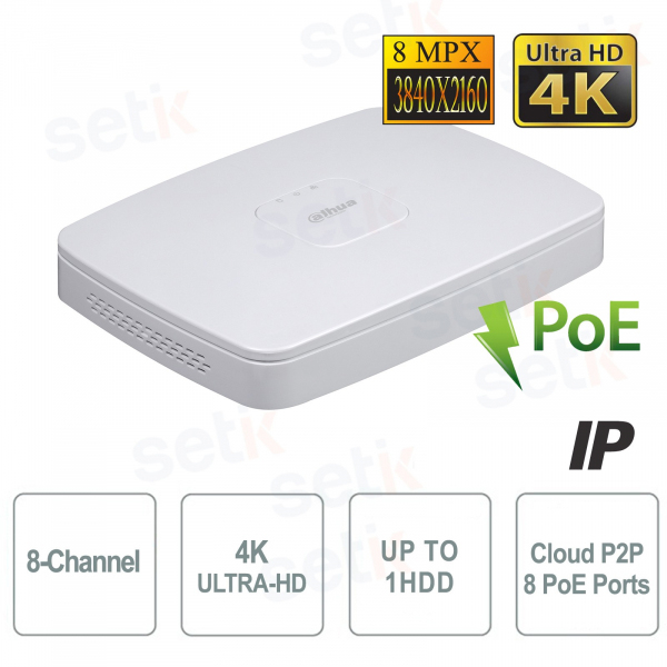NVR IP 8 Channels 4K 8MP 8 PoE Ports 80Mbps Dahua