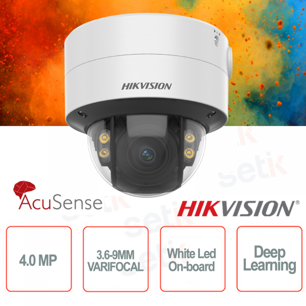 Cámara IP PoE para exteriores Domo 4MP 3.6-9mm ColorVu Hikvision AcuSense White Led Deep Learning