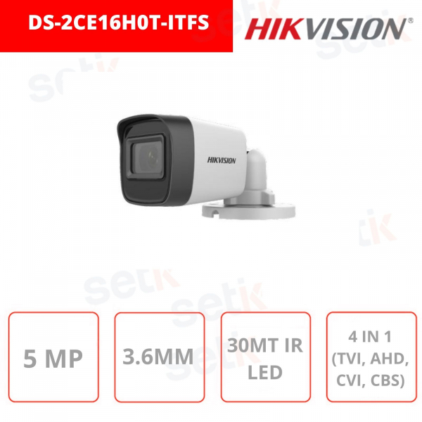 Telecamera Mini Bullet 3.6mm 5 MP Exir 2.0 4in1 IP67 - DS-2CE16H0T-ITFS - Hikvision
