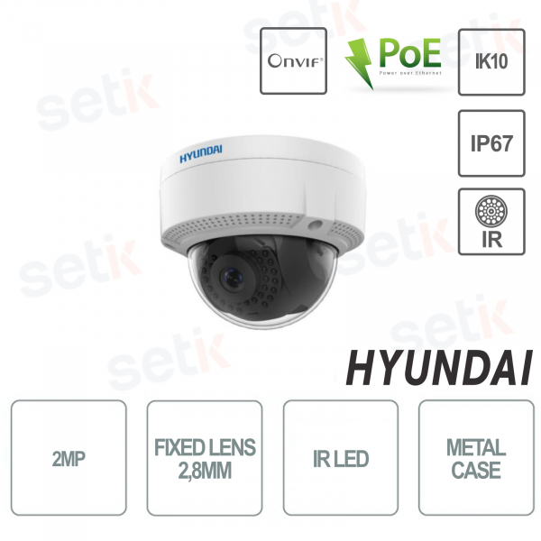 Hyundai - Cámara domo con lente fija de 2.8mm y sensor CMOS de 2MP - IR 30 - Onvif - PoE - IP67 - IK10
