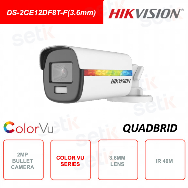 DS-2CE12DF8T-F(3.6mm) - HIKVISION - Telecamera Bullet da esterno - 4in1 - Color Vu - 2MP - Ottica 3.6mm - WDR 130dB - IR 40m