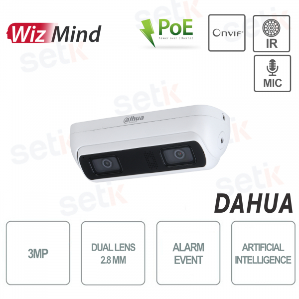Caméra réseau WizMind Dual Lens 2.8mm 3MP Intelligence Artificielle Onvif Poe IR20 IP67 IK10