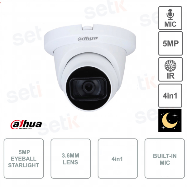 HAC-HDW2501TLMQ-A-S2 - Dahua - Caméra Starlight HDCVI Globe Oculaire - 4en1 - Objectif 3.6mm - 5MP - Smart IR 30m