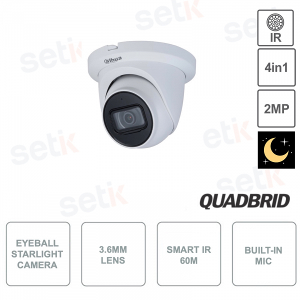 Dahua - Caméra Globe Oculaire 2MP - HDCVI - 4en1 - Objectif 3.6mm - Smart IR 60m - Microphone