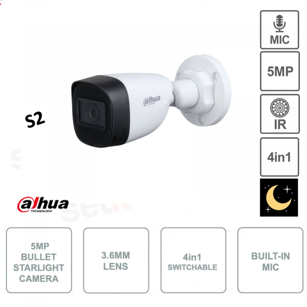 HAC-HFW1500C-A-S2 - Dahua - 5MP camera - 4in1 - 3.6mm lens - Smart IR 30m - Microphone - S2 version