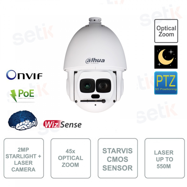 SD6AL245XA-HNR - Cámara IP PoE ONVIF® PTZ AI - 2MP - Zoom 45x - Startlight Laser - Análisis de video - WizMind PTZ