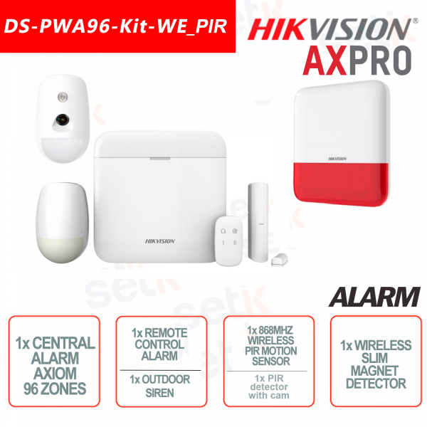 Hikvision AXPro Kit di Allarme Professionale 868MHz Wireless senza fili 96 ZONE + Sirena Esterna + Sensore PIR