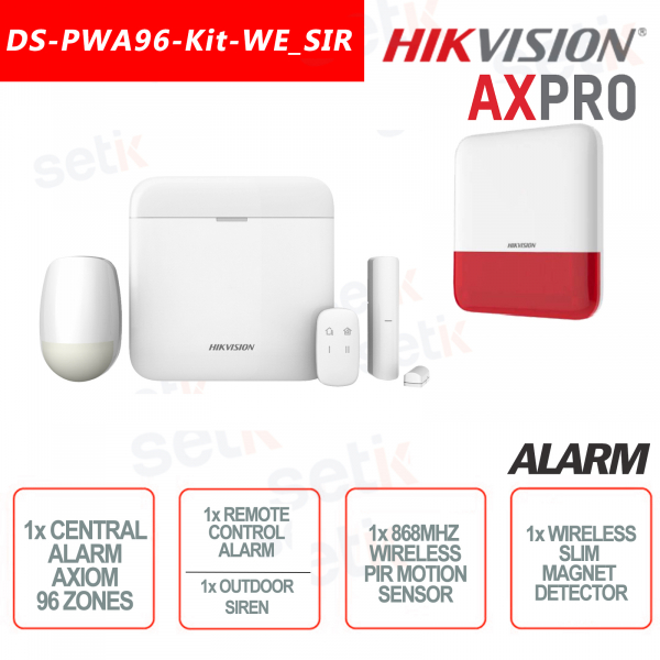 Hikvision AXPro Kit di Allarme Professionale 868MHz Wireless senza fili 96 ZONE + Sirena Esterna