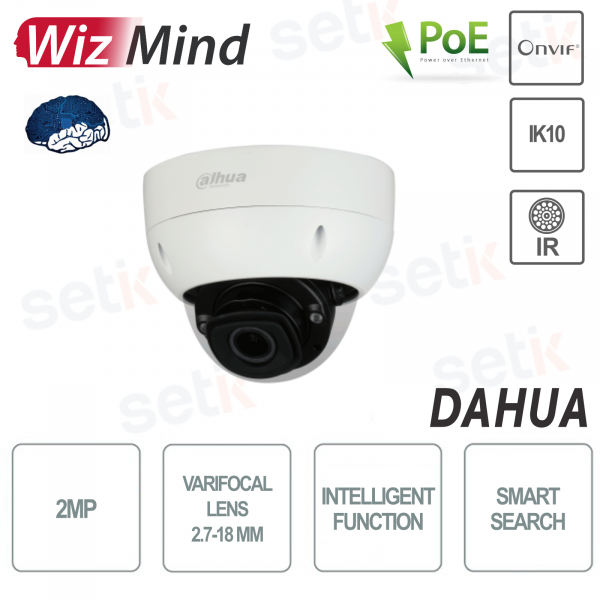 Telecamera Dome WizMind Intelligenza artificiale 2MP Onvif PoE 2.7-18mm IP67 IK10 IR50