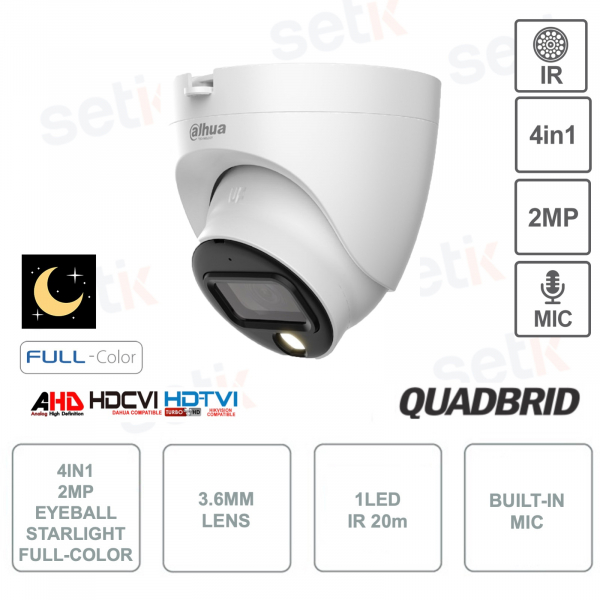 Dahua - Caméra couleur HDCVI Eyeball Starlight 2MP - Objectif 3,6 mm - 4 en 1 commutable