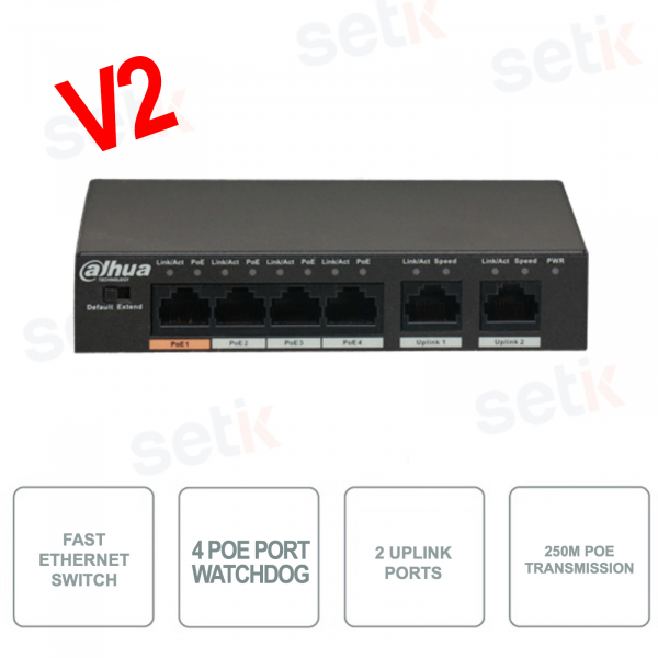 PFS3006-4ET-60-V2 - DAHUA - 4 Port PoE Watchdog - 2 Uplink Port - Version V2 - PoE Übertragung bis 250m