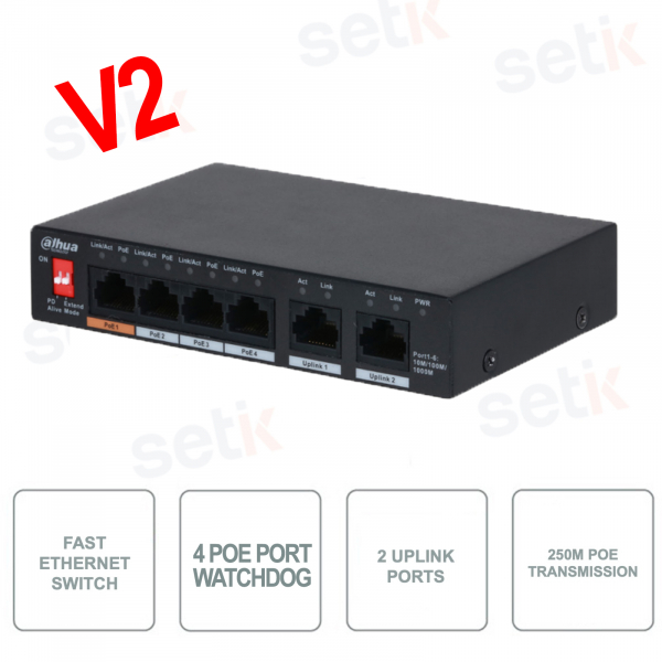 PFS3006-4GT-60-V2 - DAHUA - 4 Port PoE Watchdog - 2 Uplink Port - Version V2 - PoE Übertragung bis 250m