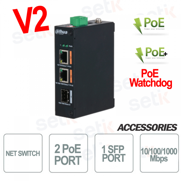 Switch de vigilancia industrial PoE 2 puertos + 1 puerto SFP Dahua