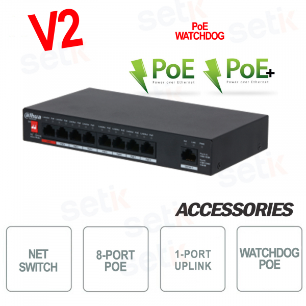 Switch Industriale 8 Porte PoE Watchdog + 1 Porta Uplink Versione V2 Dahua