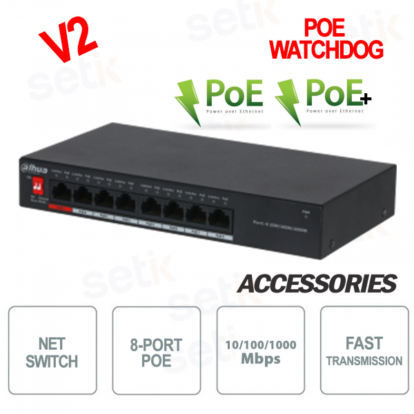 Switch Gigabit Ethernet Watchdog PoE de 8 puertos - Versión Dahua V2