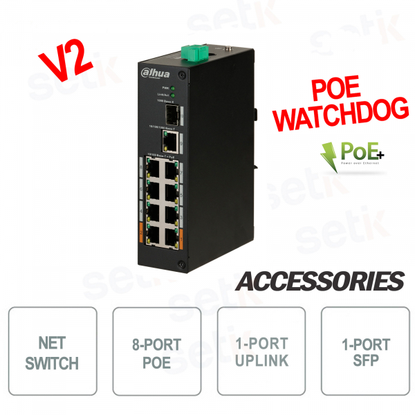 Industrial PoE Switch 8 Watchdog Ports + RJ-45 +1 SFP - V2 Dahua version