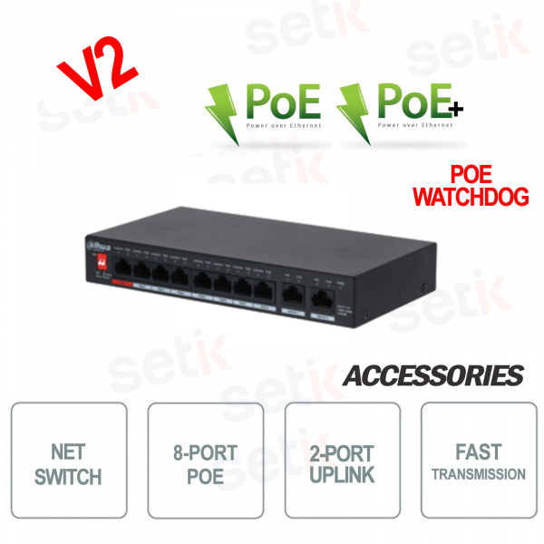 Switch PoE de escritorio Watchdog 8 puertos PoE + 2 enlaces ascendentes - Versión S2 Dahua