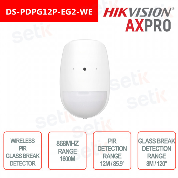 Hikvision AXPro Motion Sensor Pir-Glass Break Sans fil 868Mhz 12M 85,9 ° Immunité aux animaux