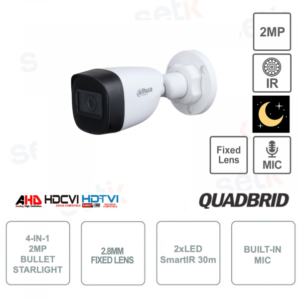 Dahua - Caméra Bullet Starlight - 2MP - Objectif fixe 2.8mm - Smart IR 30m - 4in1 - HDCVI - Microphone
