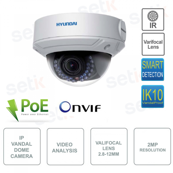 Hyundai - HYU-241 - Caméra IP PoE Dôme ONVIF® - Antivandalisme - 2MP - CMOS - Optique 2.8-12mm - Analyse Vidéo - IR 30m