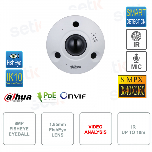 IPC-EBW8842-AS - IP-Kamera PoE ONVIF® Fisheye - WizMind - 8 MP - 1,85-mm-Objektiv - Videoanalyse - Alarm - Mic