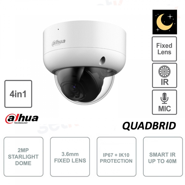 Dahua - Caméra Dôme 4en1 - 2MP - Objectif 3.6mm - Starlight - Smart IR 40m - Extérieur - Microphone