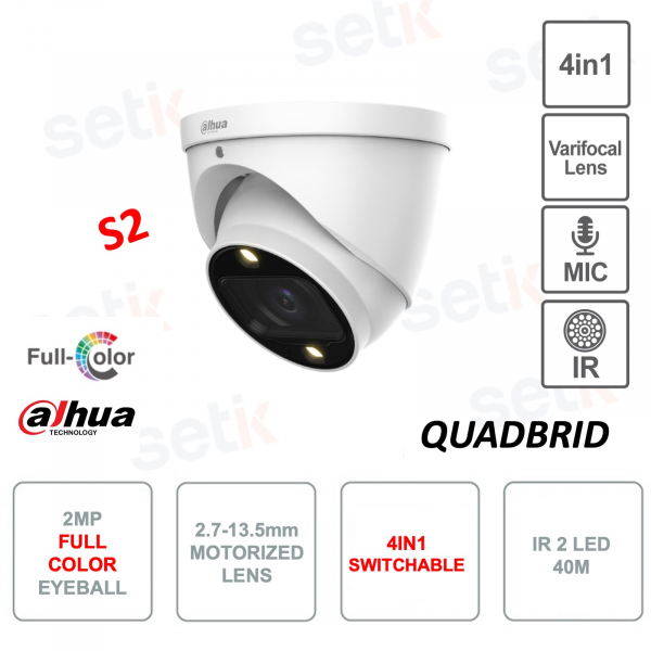 Caméra Extérieure Full Color Eyeball 4en1 - 2MP - Objectif 2.7-13.5mm - IR 40m - Microphone - Version S2