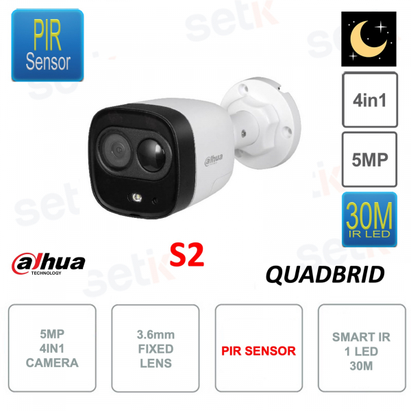Dahua - Caméra HDCVI 5MP - 4en1 - Version S2 - Extérieur - Objectif 3.6mm - PIR - Smart IR 30m - Dissuasion Active