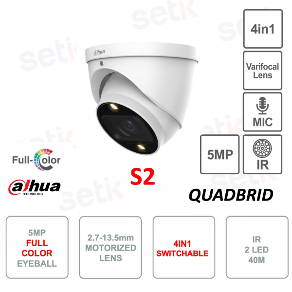 Telecamera Eyeball 5MP da esterno 4in1 con ottica varifocale 2.7-13.5mm motorizzata - IR 40m - Microfono - Versione S2